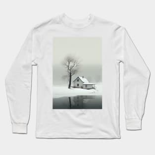 Scandi Winter Cottage with Tree Minimalist Art Print Long Sleeve T-Shirt